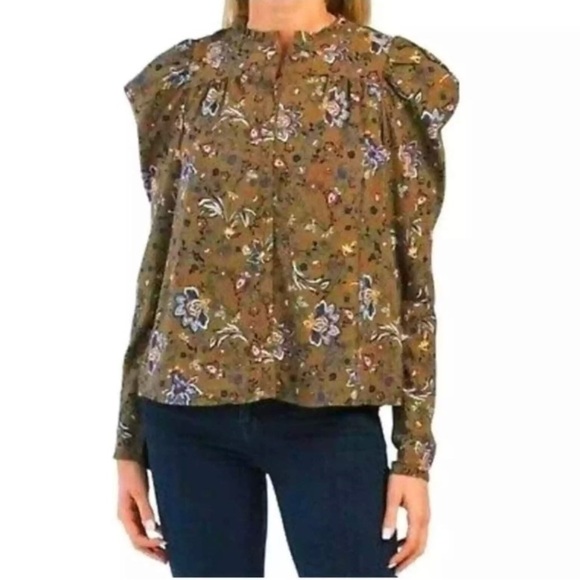 Rachel Zoe size large dark green paisley botanical ruffle collar puff sleeve top - Picture 1 of 10